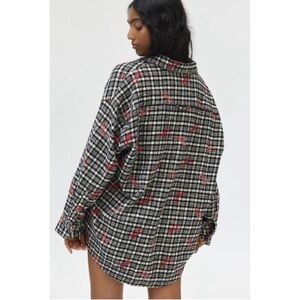NWOT BDG Urban Outfitters Dani Embroidered Flannel Shirt Tunic Top Oversized, L